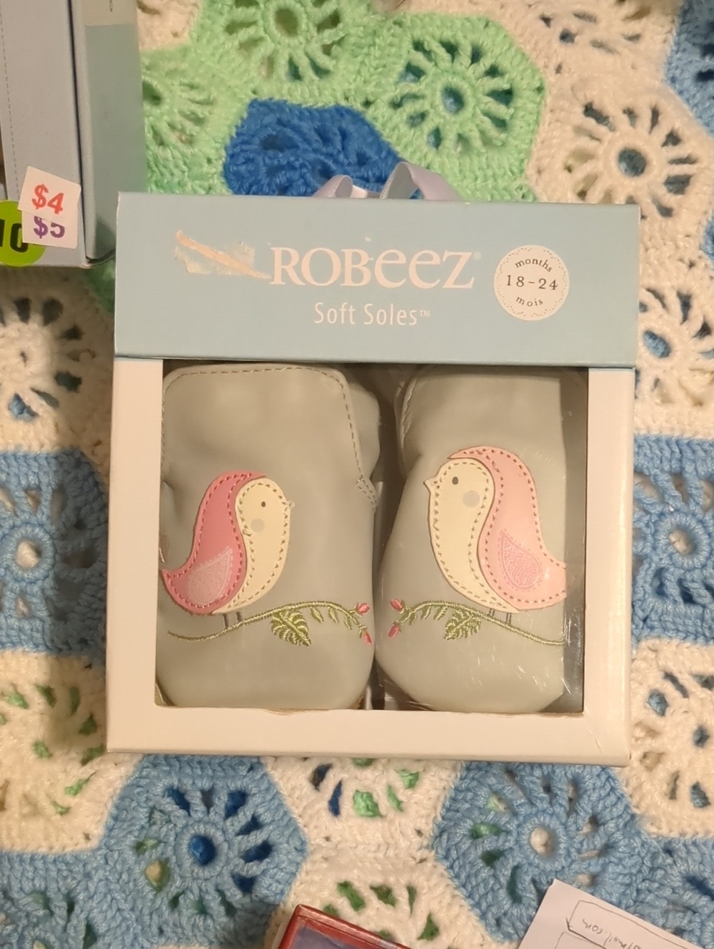 Robeez Soft Soles Light Gray Baby Moccasins with Pink Bird Applique